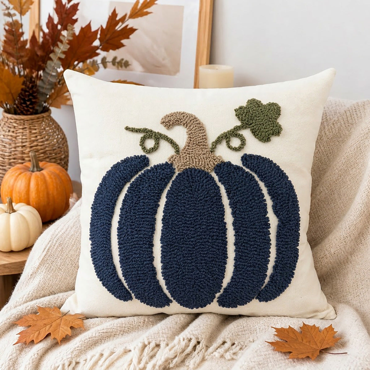 Embroidered Pumpkin Pillow Cover | Textured Autumn Cushion Case in Eight Designs for Cozy Sofas, Bedrooms and Fall Decor
