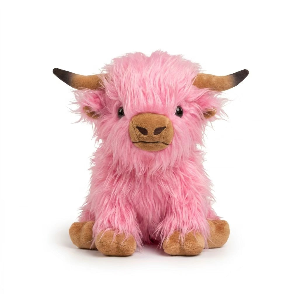 Highland Cow Plush Toy, 25 cm Shaggy Stuffed Animal in Khaki, Black, White or Pink for Cozy Gifts