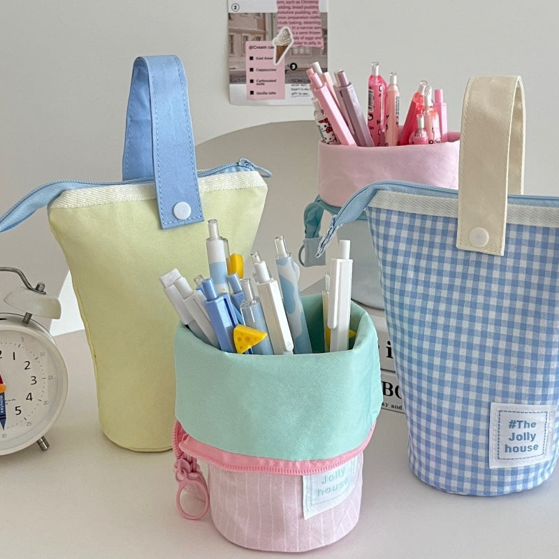Pastel Stand-Up Canvas Pencil Case and Desk Pen Holder, Zippered Stationery Pouch for Students and Creative Workspaces
