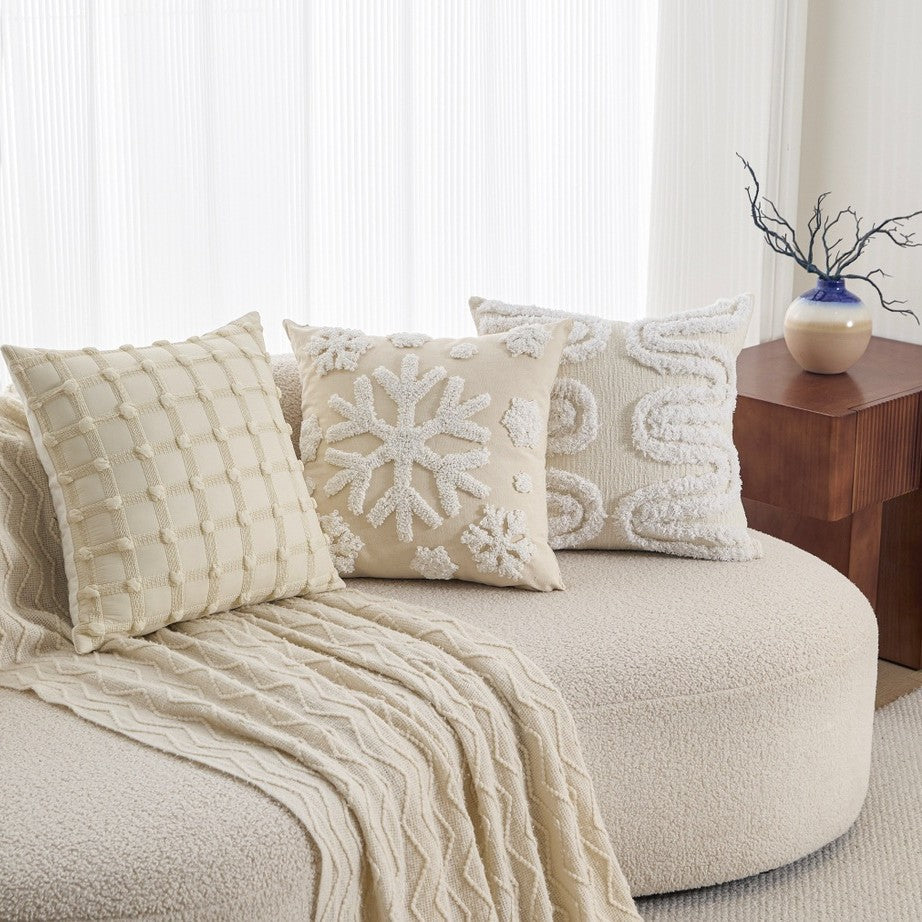 Neutral Tufted Pillow Cover, Textured 45 x 45 cm Cushion Case with Leaf, Wave and Tassel Designs for Cozy Sofas