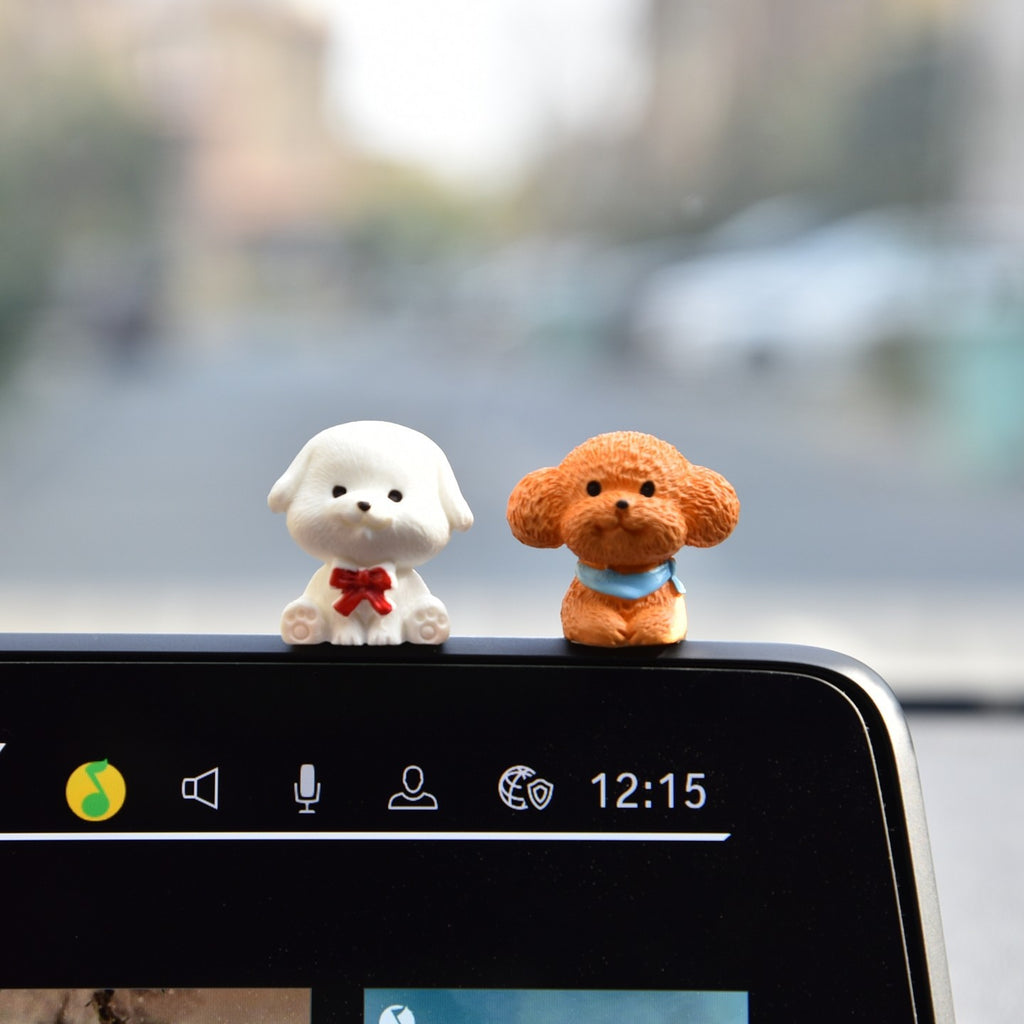 Six Tiny Dog Dashboard Figurines Set with Heart Planter, NICE Sign and Orange Accent | Cute Car Interior Decor