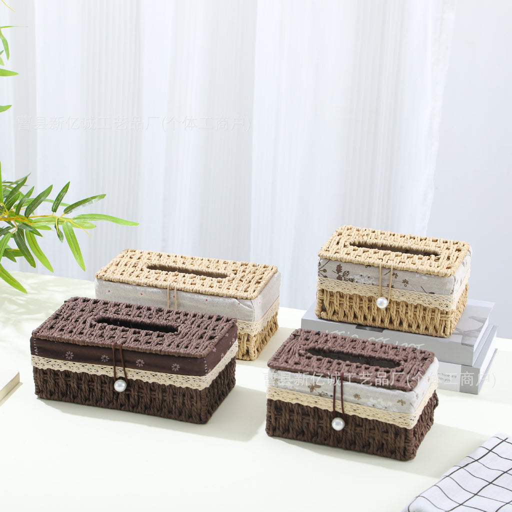 Woven Tissue Box Cover in Natural or Chestnut, Beaded and Button Styles in Medium or Large for Cozy Living Rooms and Desks