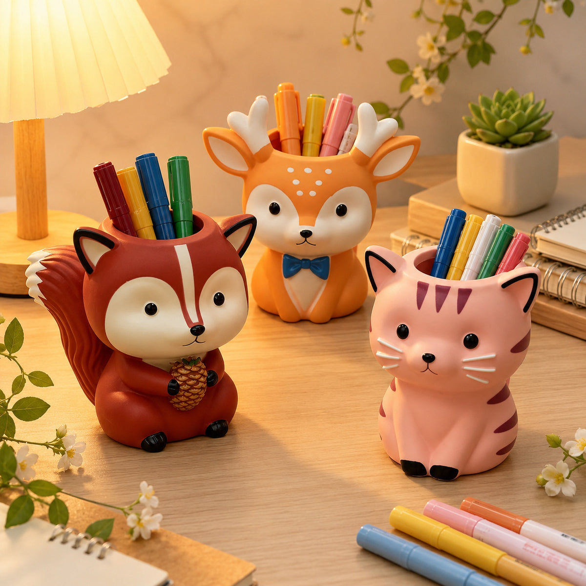 Whimsical Animal Pencil Holder, Squirrel, Cat or Deer Desk Cup for Pens, Brushes and Cozy Workspace Decor