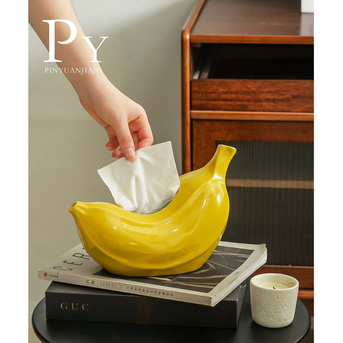 Playful Banana Tissue Box Cover, Sculptural Fruit-Shaped Tissue Holder in Original Yellow, Glossy Yellow or Blue for Modern Tables