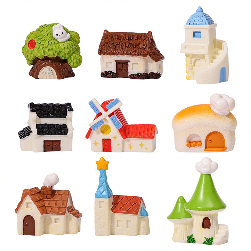 Whimsical Miniature Cottages, Complete 9 Piece Village House Set for Fairy Gardens, Dollhouse Landscapes and Desk Displays