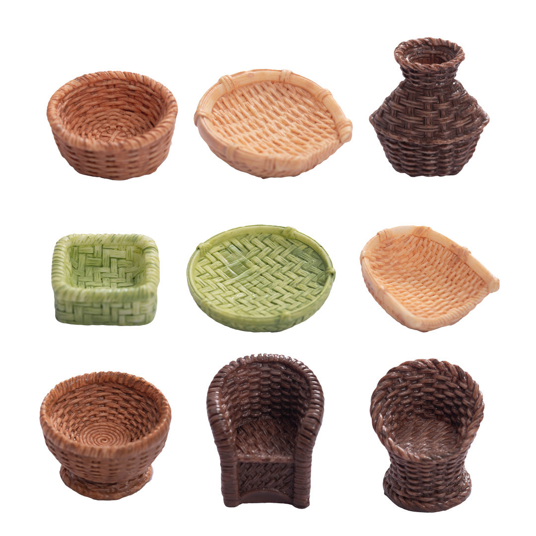 Miniature Bamboo Look Furniture and Baskets, Complete 16 Piece Rustic Diorama Set for Dollhouses, Fairy Gardens and Desk Displays