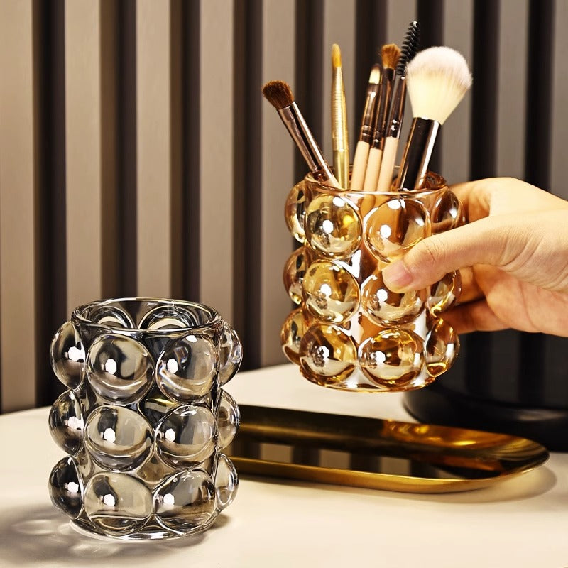 Sculptural Bubble Glass Pen Holder, Clear, Amber, Smoke or Iridescent Desk Cup for Brushes and Creative Workspaces
