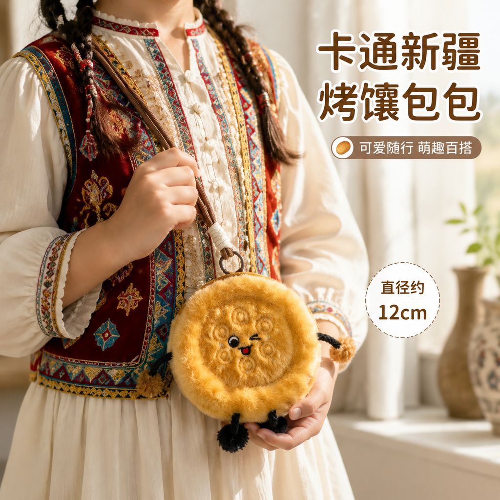Xinjiang Naan Bread Plush Coin Purse, 12 cm Smiling Food Charm Bag with Four Playful Designs