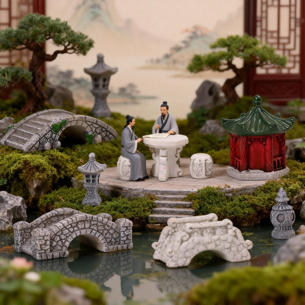 Miniature Garden Bridge and Pavilion Set of 11, Tiny Stone Lantern Bridges and Courtyard Accents for Desk Displays