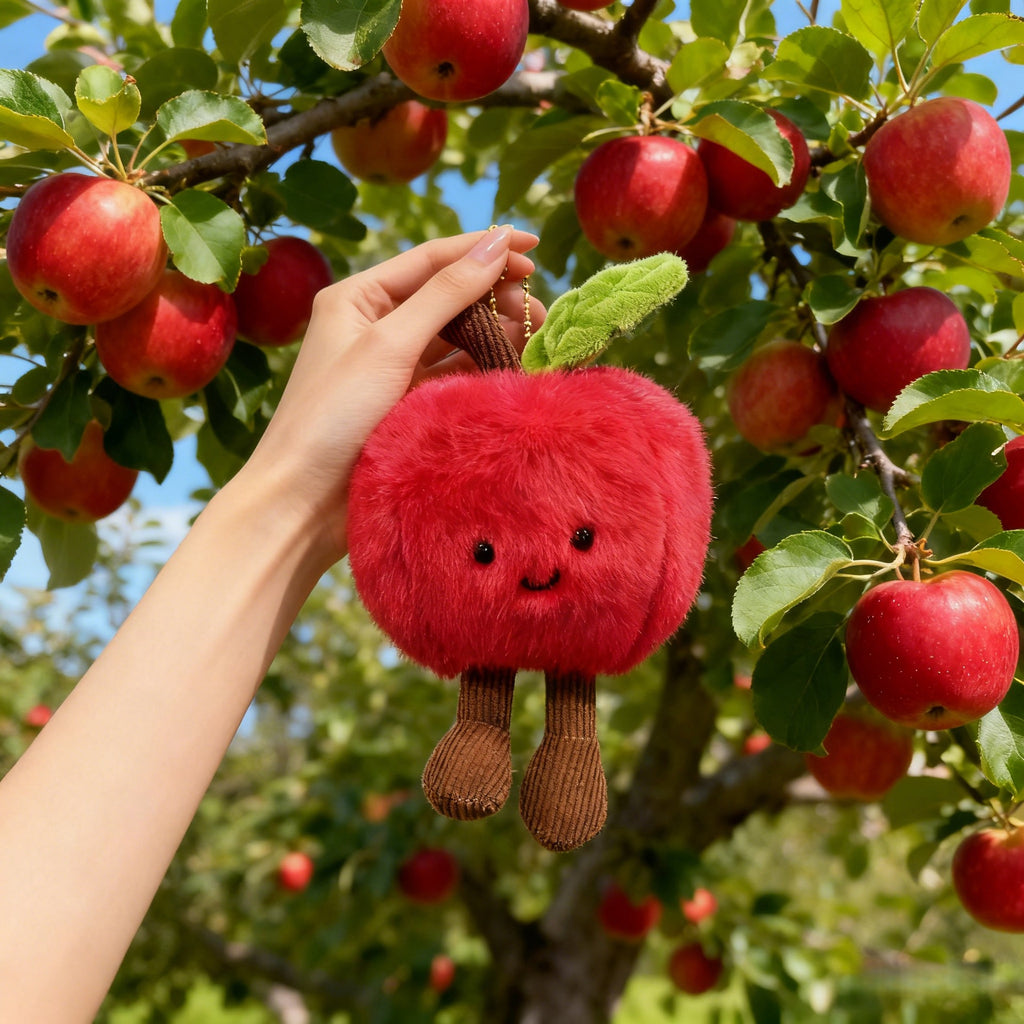 Smiling Red Apple Plush Bag Charm, Fluffy Fruit Keychain with Bead Chain, Gold Clip or Cord for Bags and Cheerful Gifts