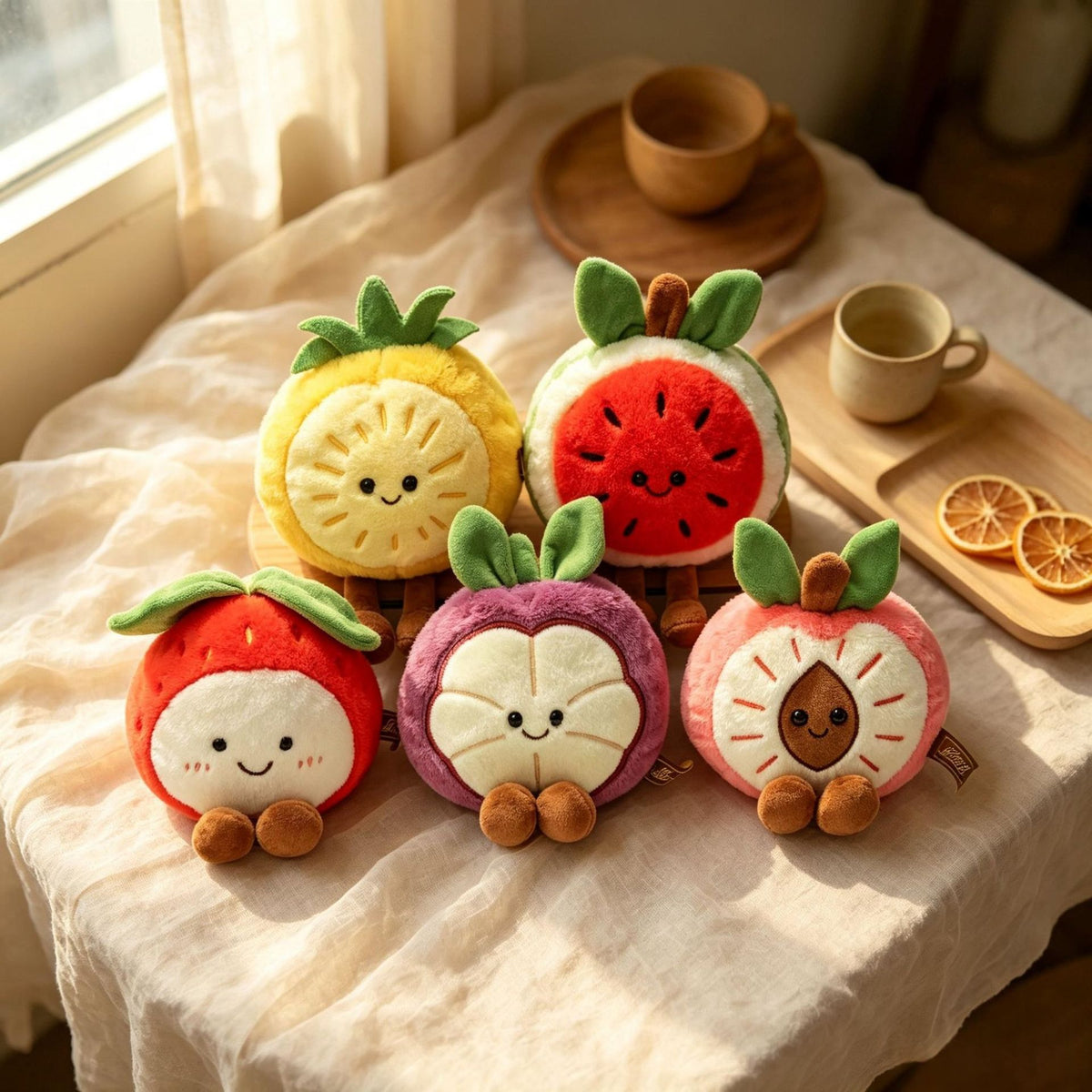 Smiling Fruit Plush Toy, 15 cm Mini Mangosteen Avocado Orange Mango Kiwi or Fig for Cozy Desks and Gifts