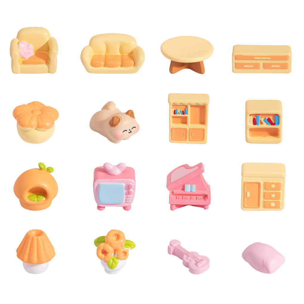 Miniature Living Room Furniture Set of 17, Colorful Tiny Chairs Tables and Home Decor Pieces for Dollhouse Scenes and Desk Displays