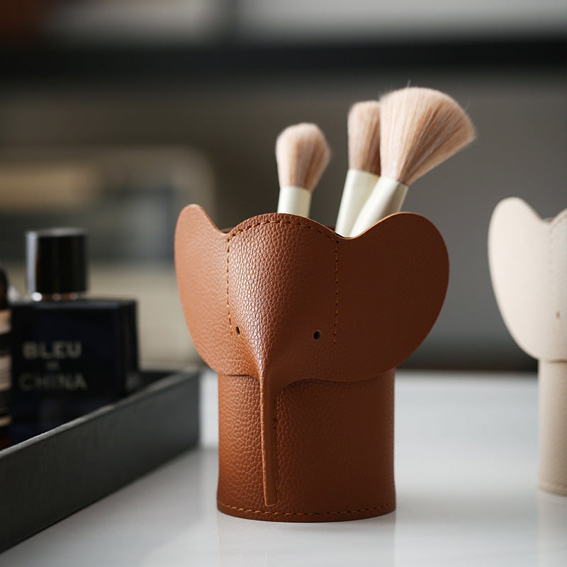 Elephant-Shaped Pencil Holder with Leather-Look Finish, Cute Desk Organizer in Five Colors for Pens and Brushes
