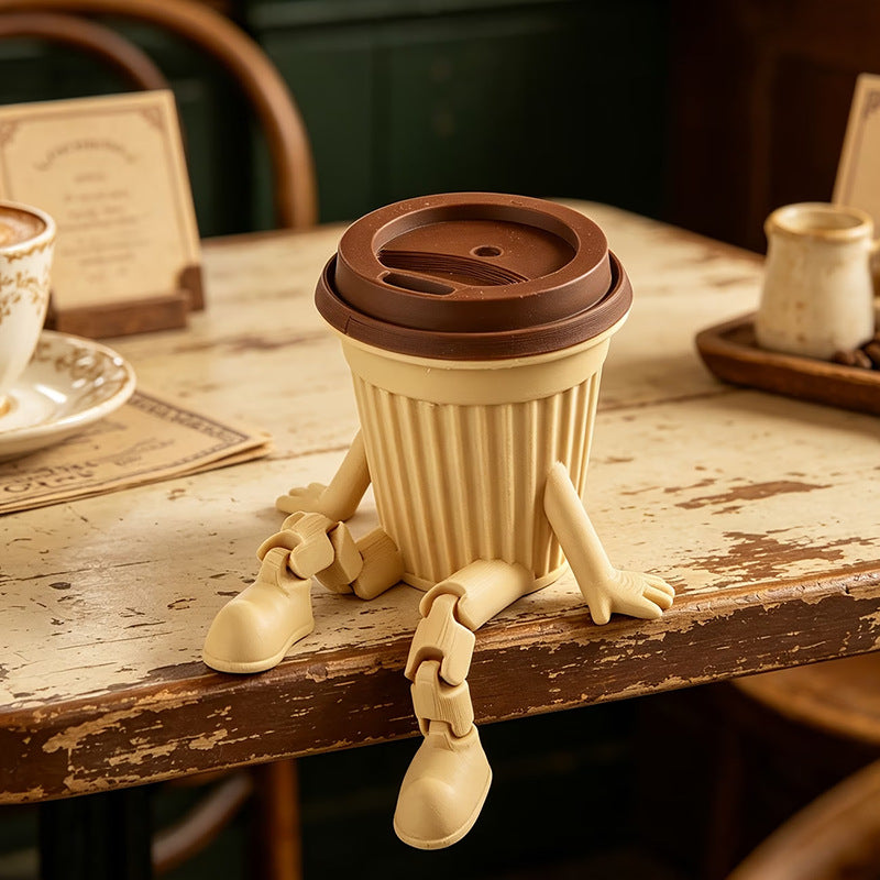 Poseable 3D-Printed Coffee Cup Figurine, Playful Mini Latte Character for Desks and Shelves