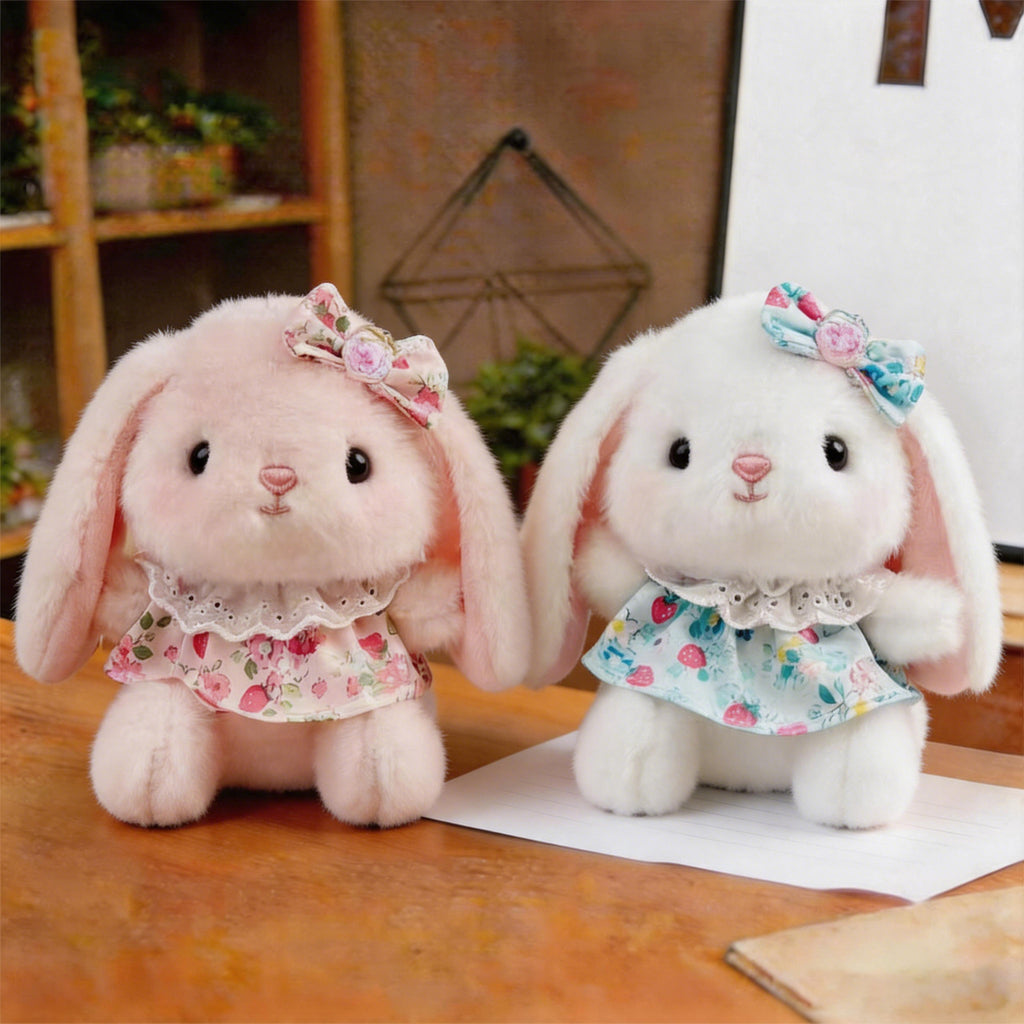 Strawberry Dress Bunny Plush Bag Charm, 12 or 16 cm Long-Eared Rabbit in Pink or Brown for Backpacks, Desks and Sweet Little Gifts