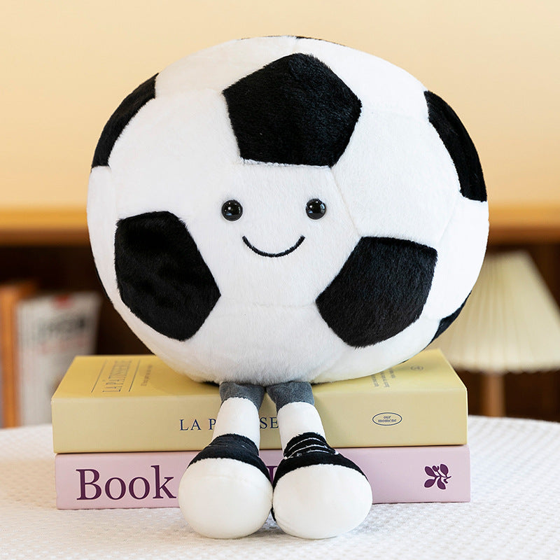 Smiling Sports Ball Plush Toy, 25 cm Soccer, Basketball or Rugby Ball with Dangling Legs for Playful Gifts and Cozy Rooms