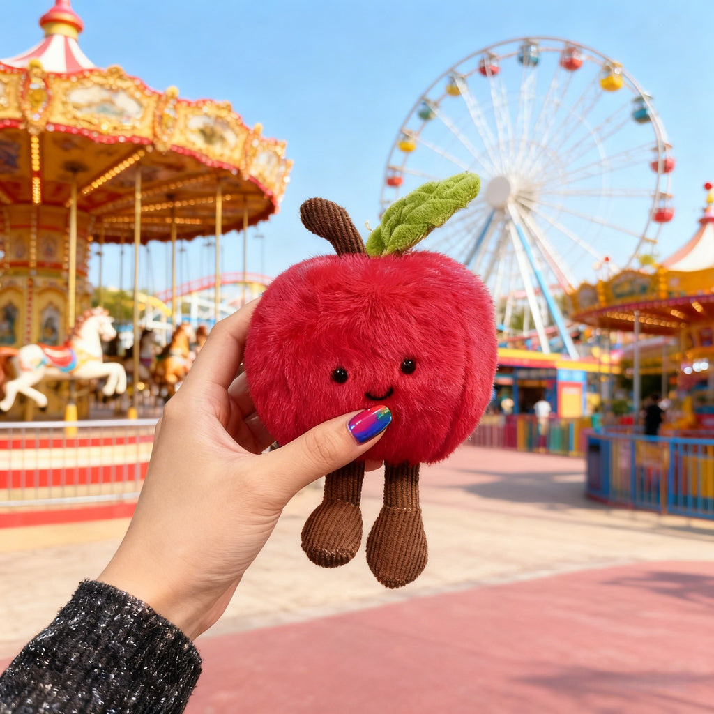 Smiling Red Apple Plush Bag Charm, Fluffy Fruit Keychain with Bead Chain, Gold Clip or Cord for Bags and Cheerful Gifts