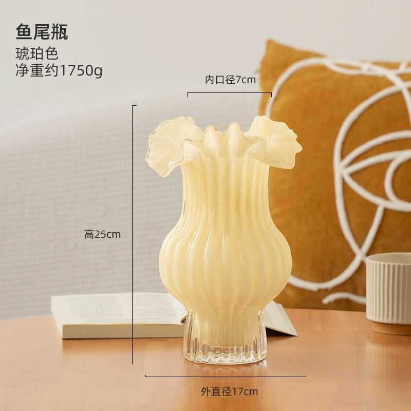Shiyuan Amber Fish Tail Vase French Light Luxury Niche Living Room Luxury Simple Cream Art Glass Ornament