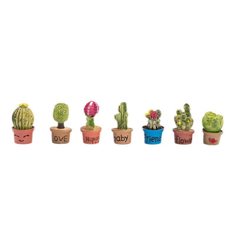 Miniature Cactus and Succulent Garden, Complete 7 Piece Faux Plant Figurine Set for Terrariums, Shelves and Playful Desk Decor