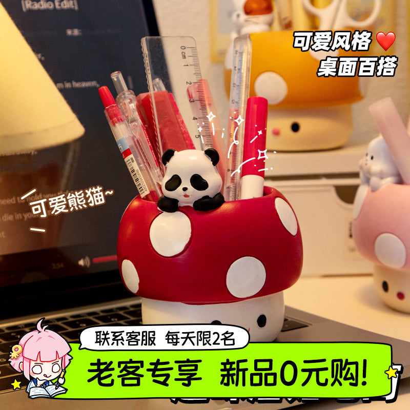 Whimsical Mushroom Pen Holder with Animal Friends, Playful Desktop Pencil Cup for Creative Workspaces, Shelves and Gift Giving