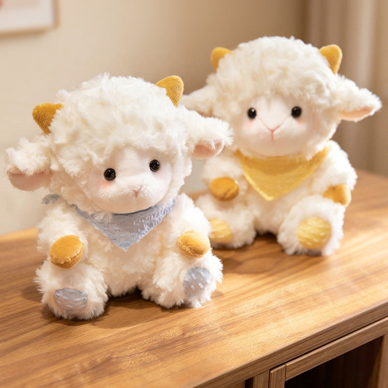 Little Meadow Lamb Plush Toy, 18 or 25 cm Fluffy White Sheep with Blue or Yellow Bandana for Cozy Rooms and Gentle Gifts