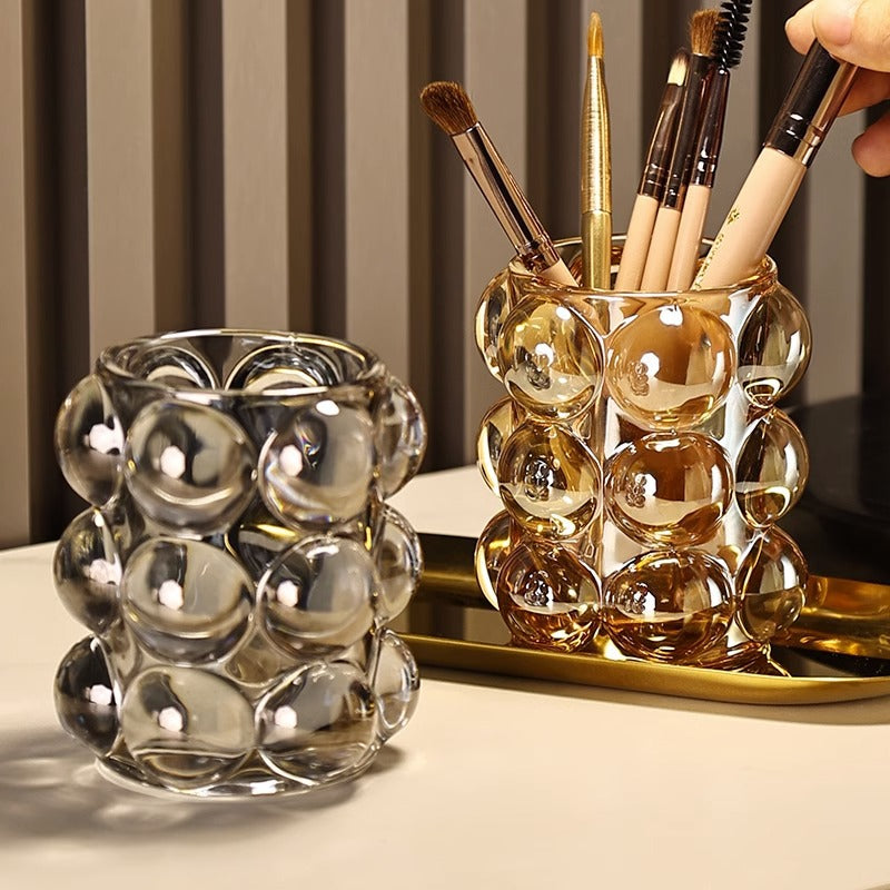 Sculptural Bubble Glass Pen Holder, Clear, Amber, Smoke or Iridescent Desk Cup for Brushes and Creative Workspaces