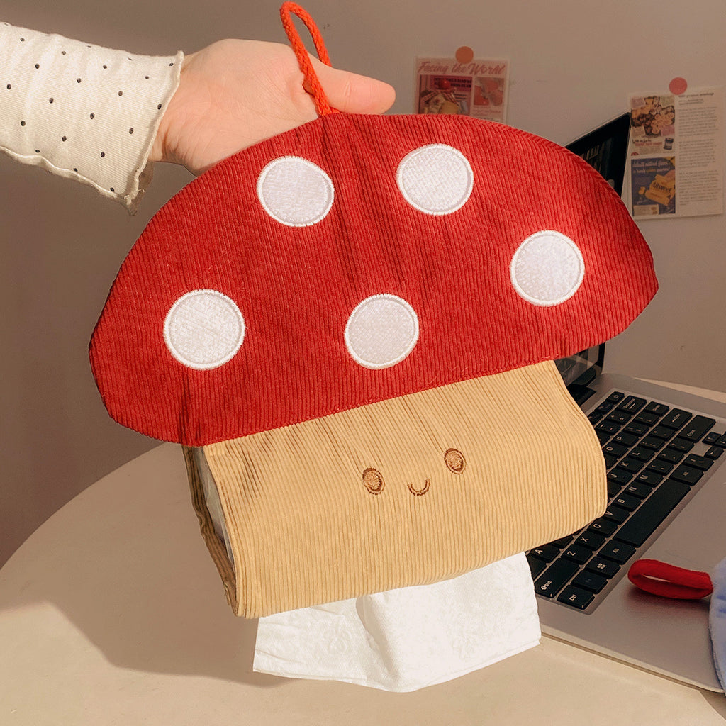 Mushroom Hanging Tissue Box Cover, Whimsical Red Toadstool Fabric Holder for Bedrooms, Living Rooms and Cozy Cottage Decor