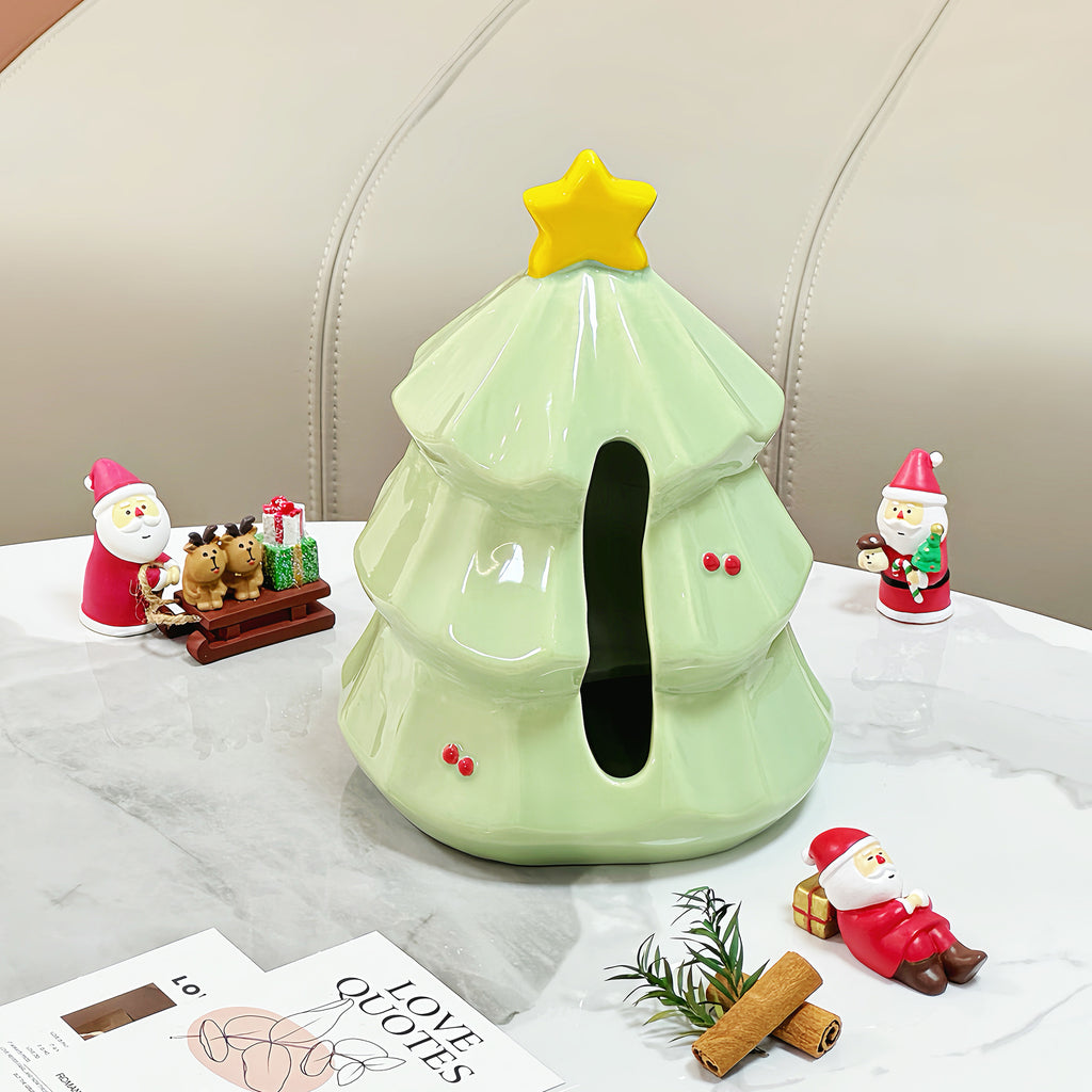 Christmas Tree Tissue Box Cover, Whimsical Green Holiday Tabletop Holder for Living Rooms and Festive Home Decor