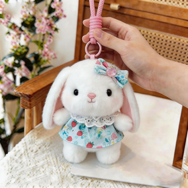 Strawberry Dress Bunny Plush Bag Charm, 12 or 16 cm Long-Eared Rabbit in Pink or Brown for Backpacks, Desks and Sweet Little Gifts