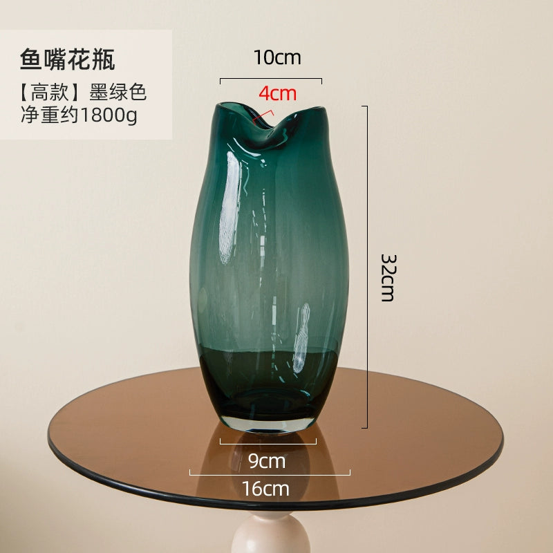 Blue handmade transparent fish mouth glass vase