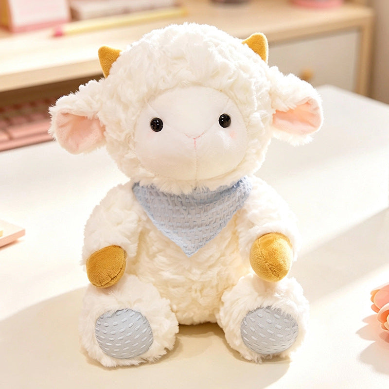 Little Meadow Lamb Plush Toy, 18 or 25 cm Fluffy White Sheep with Blue or Yellow Bandana for Cozy Rooms and Gentle Gifts