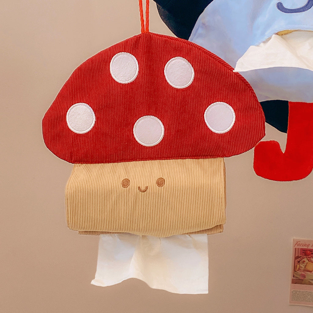 Mushroom Hanging Tissue Box Cover, Whimsical Red Toadstool Fabric Holder for Bedrooms, Living Rooms and Cozy Cottage Decor