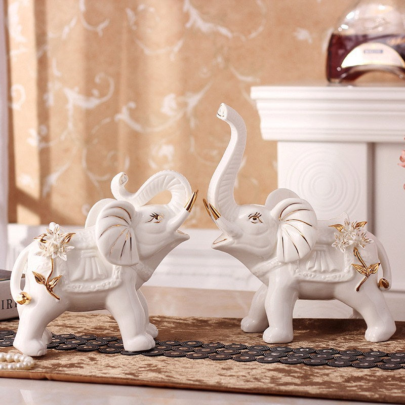 Ceramic Elephant Figurines Pair (2pc) - Good Luck Prosperity Decor | Smooth Stable Home Office Shelf Accents | Green/White Medium Size with Gold Details