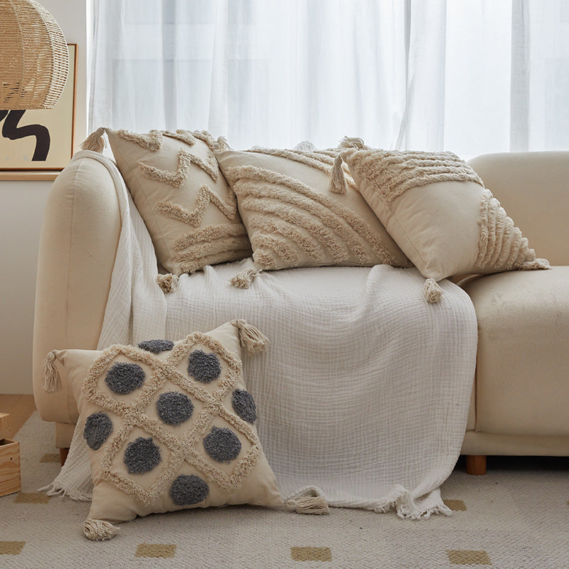 Textured Tufted Pillow Cover with Tassels | Four Boho Geometric Patterns for Sofas, Reading Nooks and Cozy Bedrooms