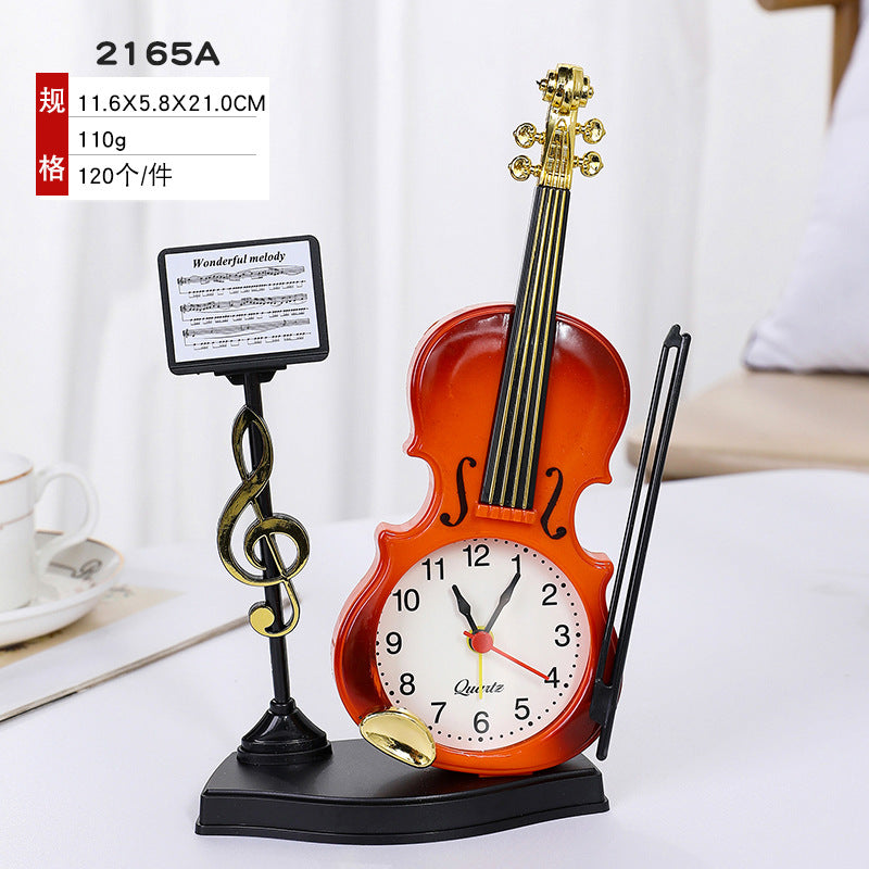 Decorative Violin Clock-Face Figurine, Mini Musical Instrument Desk Ornament for Shelves, Workspaces and Music Lover Gifts (Non-Working)