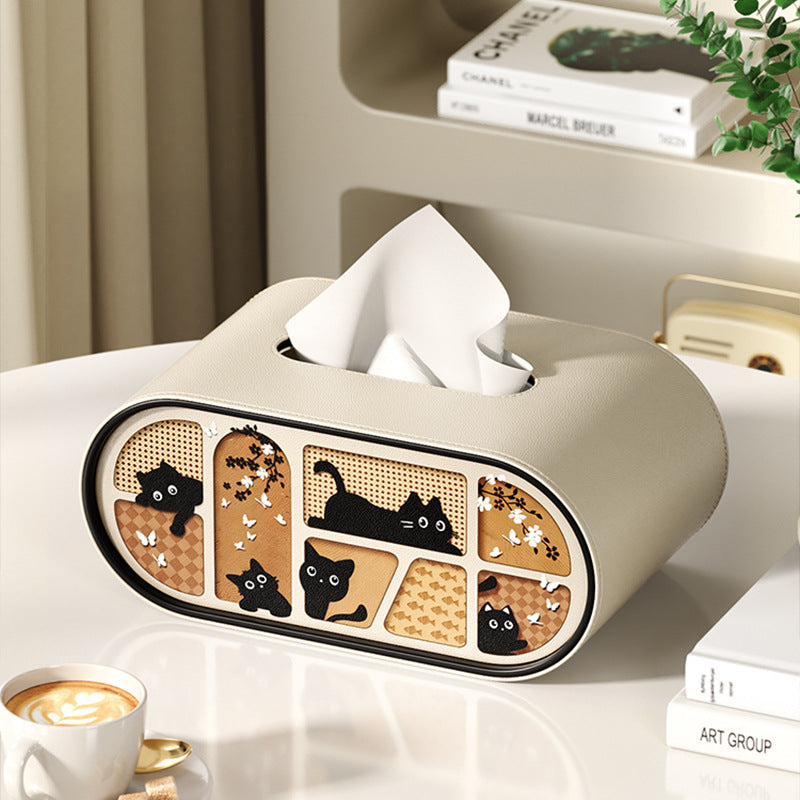 Cat Pattern Tissue Box Cover in Black, White or Cream, Decorative Rectangular Tissue Holder for Cozy Living Rooms, Bedrooms and Desks