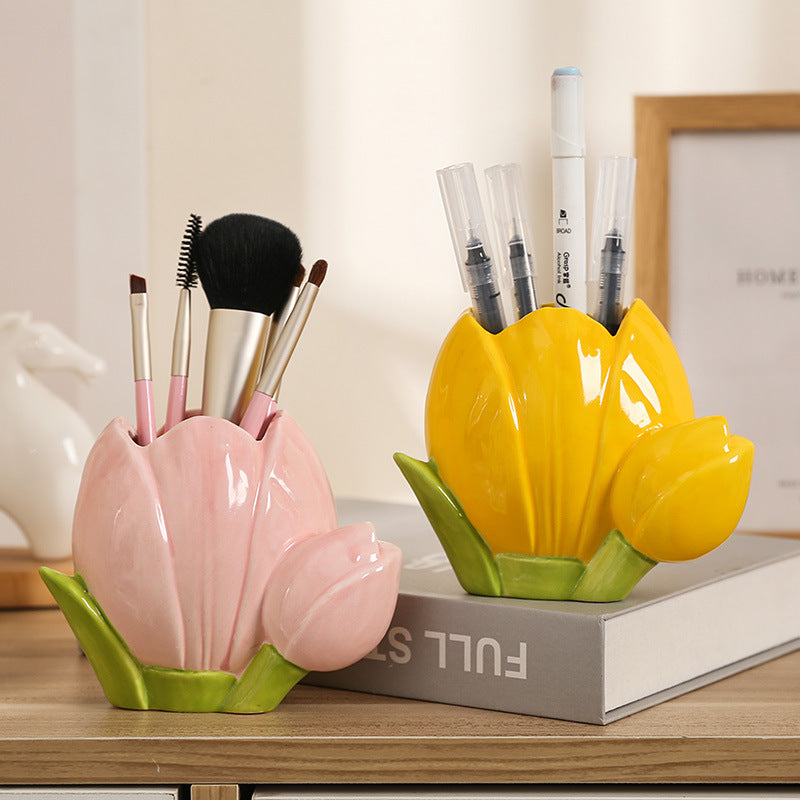 Ceramic Tulip and Flower Pen Holder, Pink or Yellow Floral Desk Cup for Brushes, Pens and Cheerful Workspaces