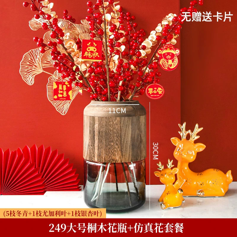 Solid wood vase decoration, living room flower arrangement glass