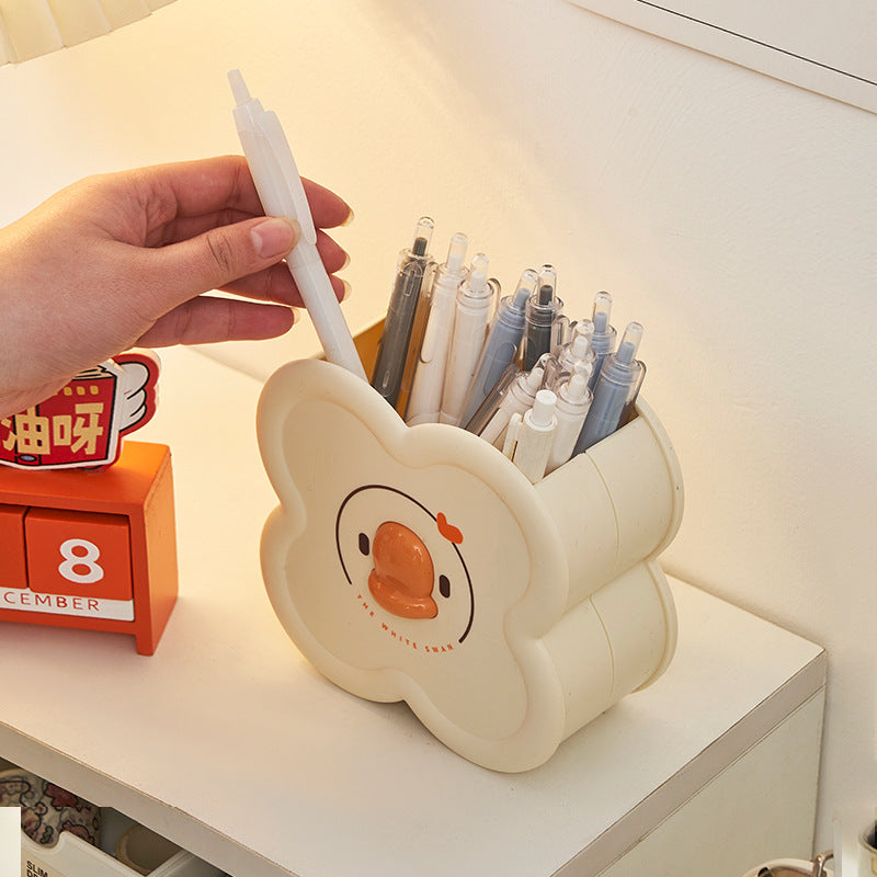 Whimsical Duck Face Pen Holder, Cream Flower or Round Desk Organizer for Pens, Brushes and Cheerful Workspaces