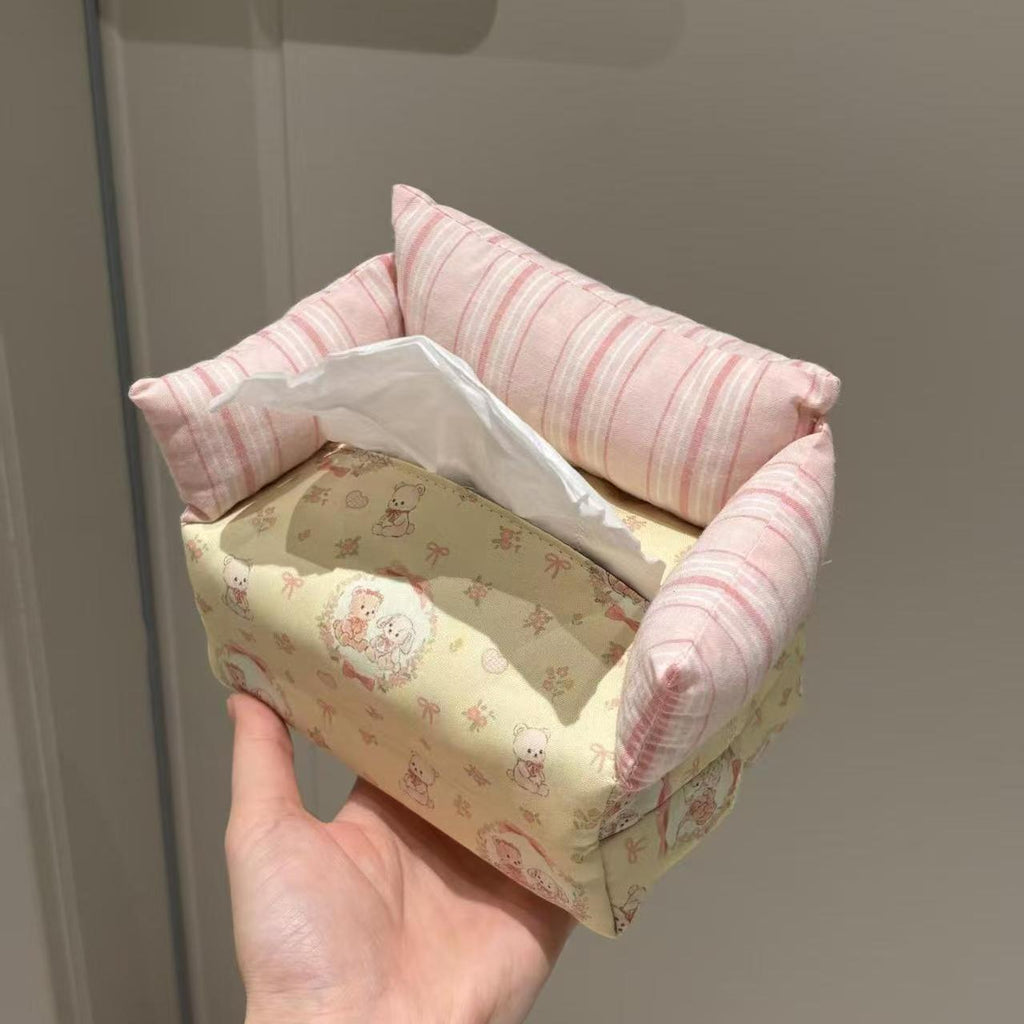 Mini Sofa Tissue Box Cover in Pink or Blue, Soft Floral Tabletop Tissue Holder for Cozy Living Rooms and Bedrooms