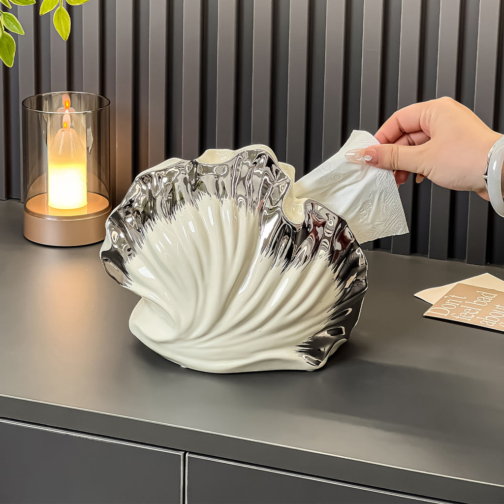 Sculptural Shell Tissue Box Cover, Ceramic-Inspired Seashell Tabletop Holder in Cream, Black or Iridescent for Elegant Home Decor