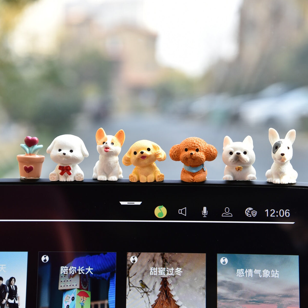 Six Tiny Dog Dashboard Figurines Set with Heart Planter, NICE Sign and Orange Accent | Cute Car Interior Decor