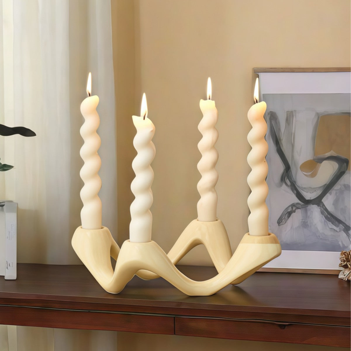 Wave Design 4-Hole Ceramic Candelabra – Gold/Silver Taper Candle Holder for Home & Event Decor