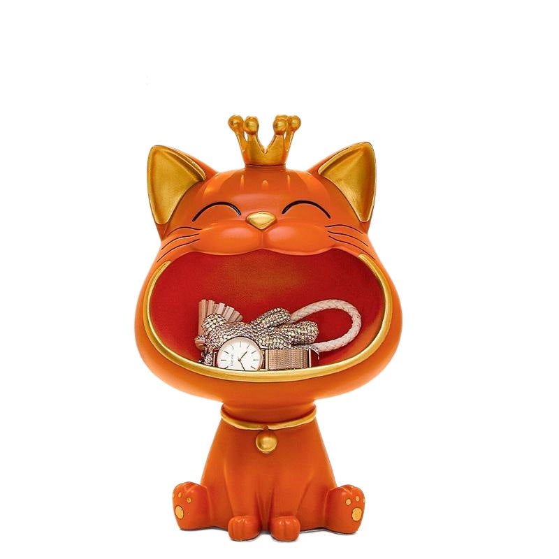Crowned Cat Catchall Figurine, Playful Open Mouth Jewelry and Key Holder in Four Colors for Desks, Entryways and Gifts