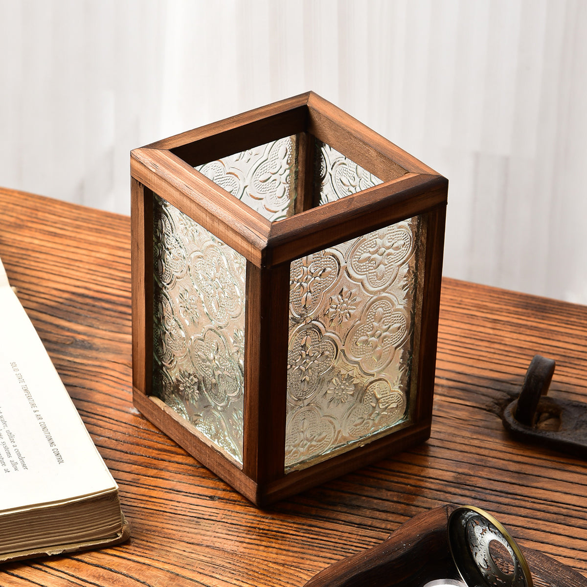 Floral Glass and Wood Desk Organizer, Vintage-Inspired Pen Holder or Lidded Keepsake Box for Home Offices and Creative Spaces
