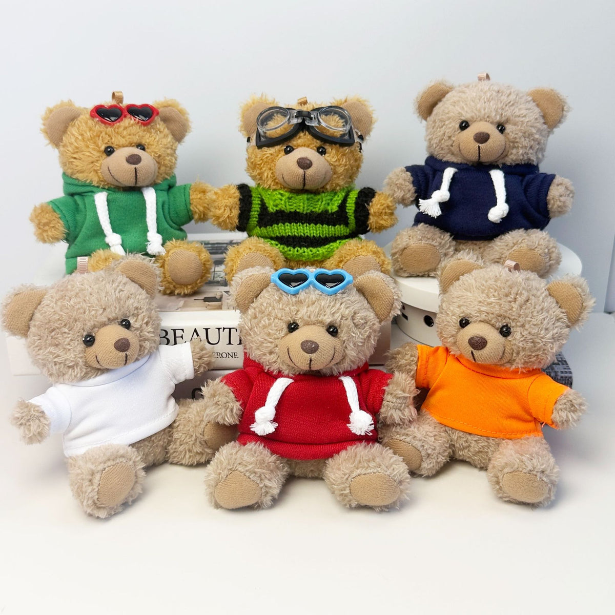 Outfit Teddy Bear Plush Bag Charm, 11 cm Mini Stuffed Bear Keychain in Colorful Sweaters and Shirts