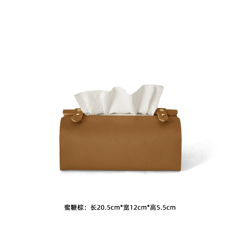 Modern Leather-Look Tissue Box Cover with Handle, Minimalist Tabletop Tissue Holder in Honey Brown, Coffee Gray or Mousse Gray for Living Rooms and Desks