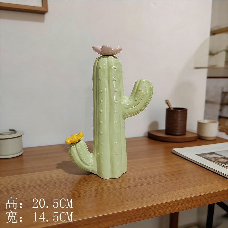 Ceramic Cactus Figurine, Sculptural Green Tabletop Ornament in Three Sizes for Desks, Shelves and Cozy Home Decor