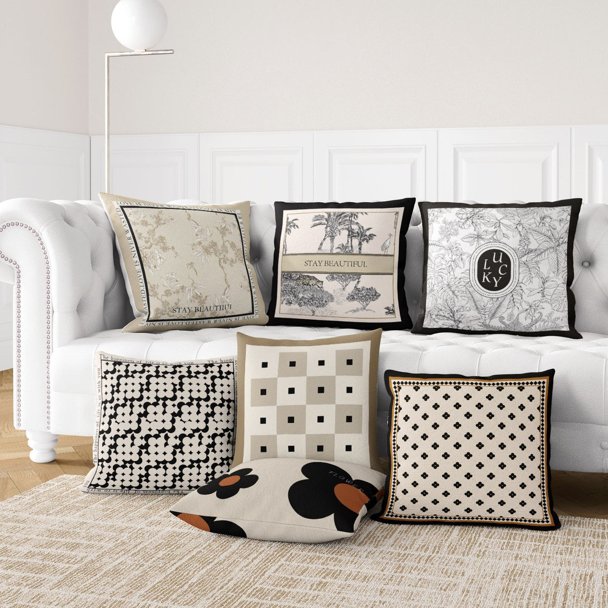 Black and Cream Decorative Pillow Cover, Retro Floral and Geometric Prints, 45 x 45 cm Sofa Cushion Cover