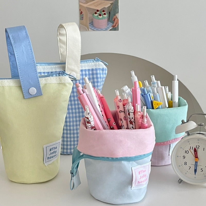 Pastel Stand-Up Canvas Pencil Case and Desk Pen Holder, Zippered Stationery Pouch for Students and Creative Workspaces